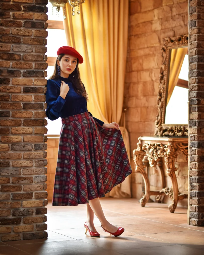 Woman in a navy velvet blouse, red tartan full midi skirt, red beret and red pumps posing in a room with a gilded mirror